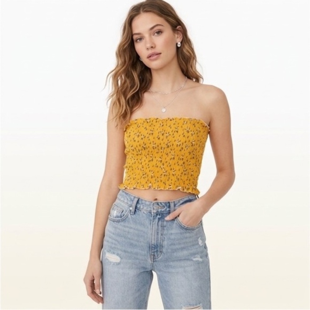 Garage Ruched Yellow Foral Print Tube Top